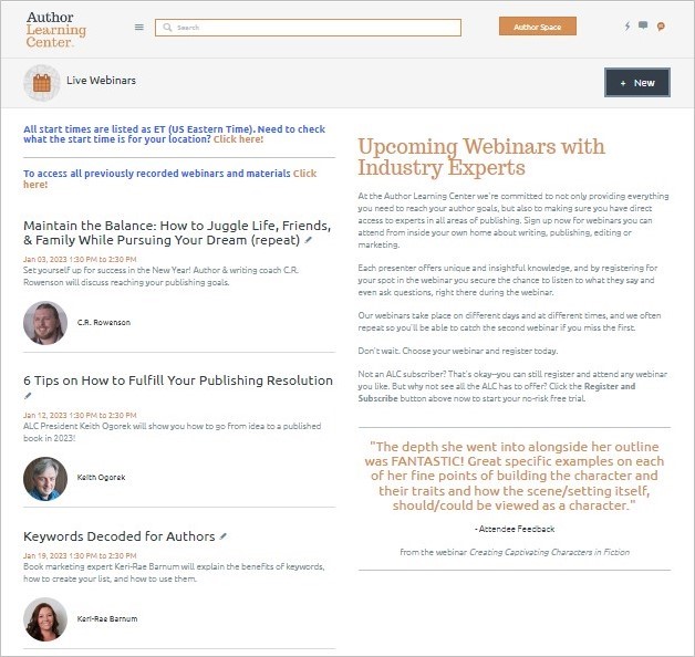 The Author Learning Center hosts weekly live webinars for real-time learning from experts.