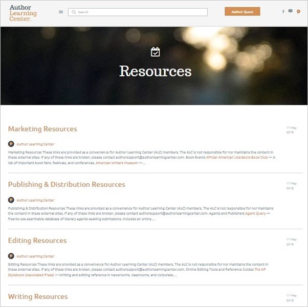 The Author Learning Center has resource listings for writing, editing, publishing, and marketing.