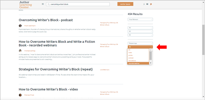 You can filter by type of resource on the Author Learning Center.
