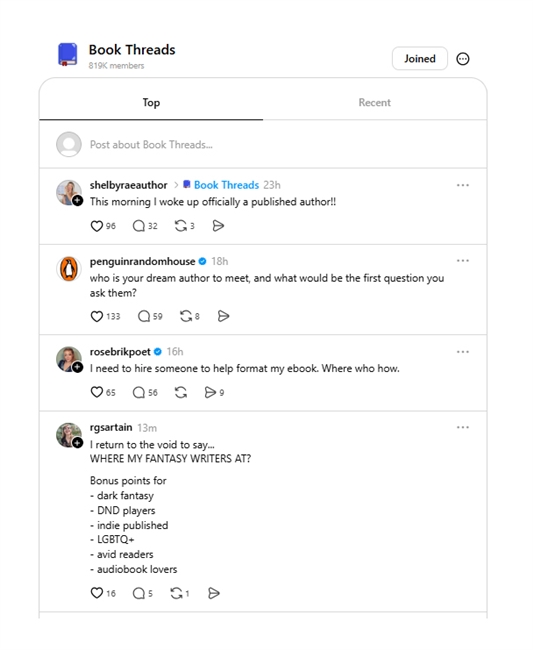 Threads has communities that users can join such as Book Threads or Author Threads.