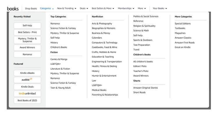 Amazon has a vast amount of book categories and sub-categories.