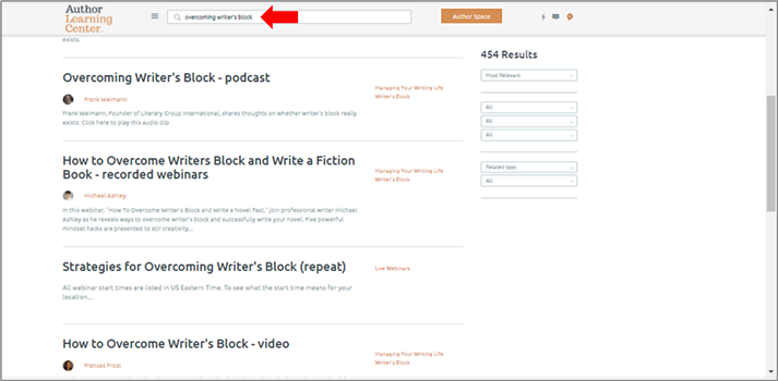 You can search for writer's block resources on the Author Learning Center.