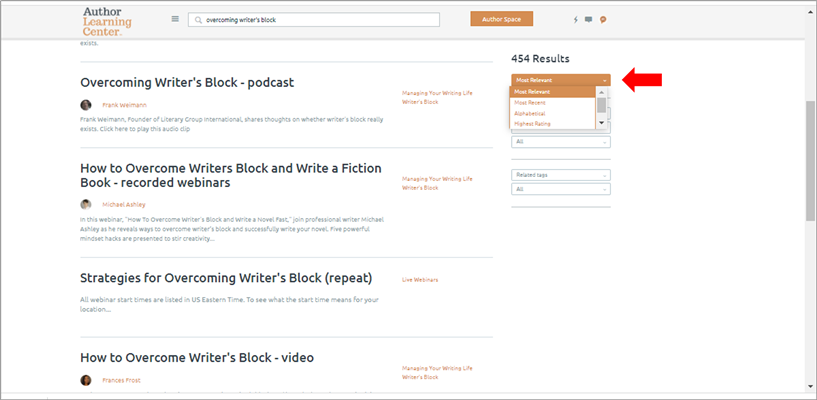 You can filter by most recent and most relevant on the Author Learning Center.