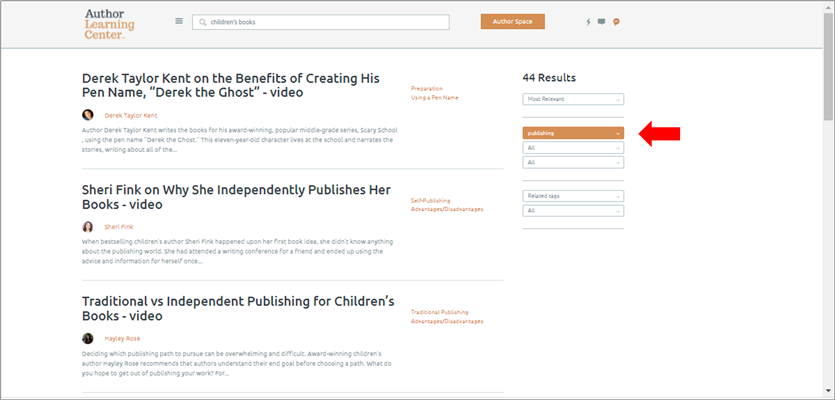 You can filter by resource category, like publishing, on the Author Learning Center.